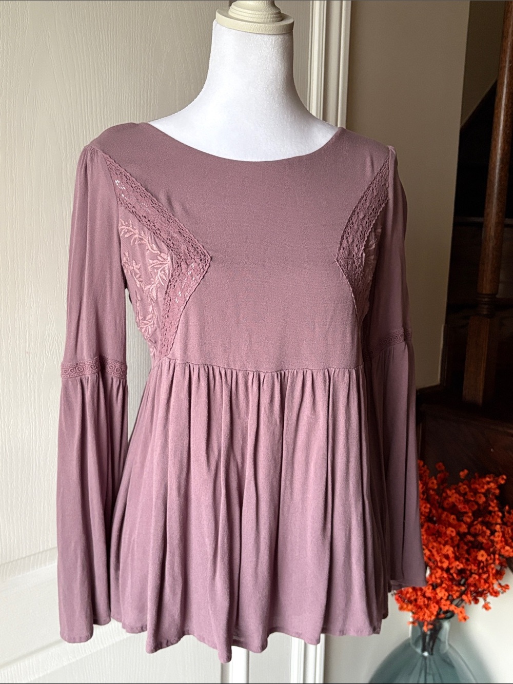Purple Lace Detail Boho Bell Sleeves Top